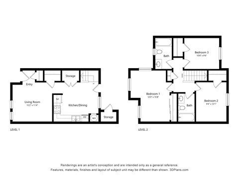 A floor plan of a two level home with a living room, kitchen/dining area and three bedrooms.